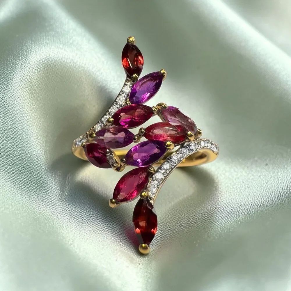 10K Gold NaturalâGarnet & Purple Amethyst Leaf Vine Bypass Ring -Sz 7 -Marquise